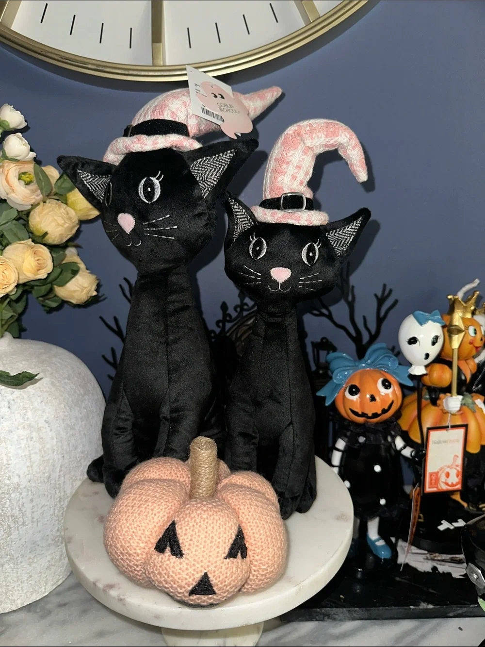 Holiday Black Cat Plush Duo with Pink Witch Hats - Cozy Décor